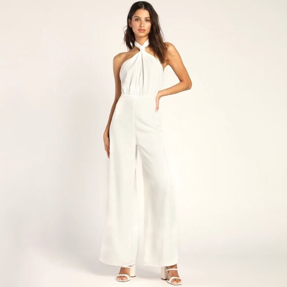 NWT LULU'S Epitome of Elegant White Knotted Halter Wide-Leg Jumpsuit Size XL - Picture 1 of 5
